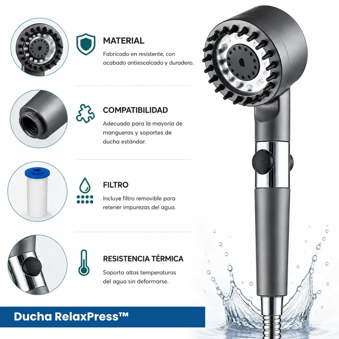 Ducha RelaxPress™ · Masaje Full Presión · El Relajo que tu cuerpo merece