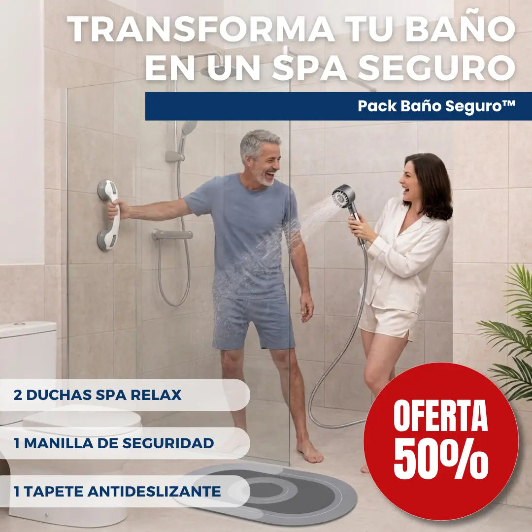 Pack Baño Seguro™ · 2 Duchas SPA + 1 Manilla de Seguridad + 1 Tapete Antideslizante
