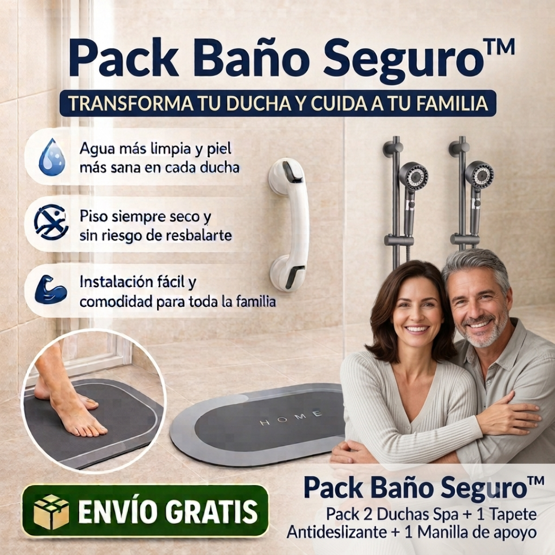 Pack Baño Seguro™ · 2 Duchas SPA + 1 Manilla de Seguridad + 1 Tapete Antideslizante