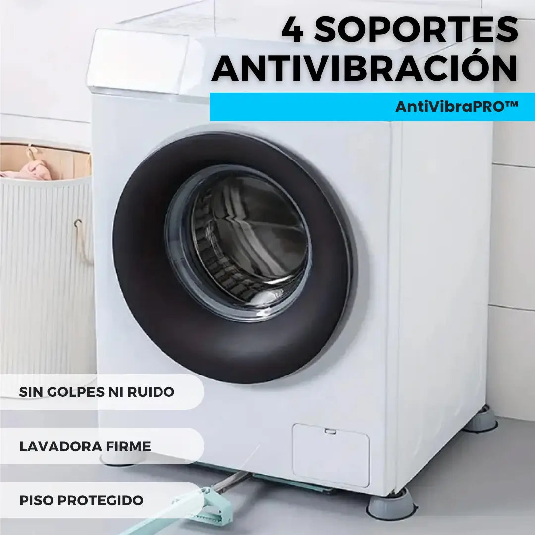 AntiVibraPRO™ · 4 Soportes Antivibración · Dile adiós al Ruido de la Lavadora