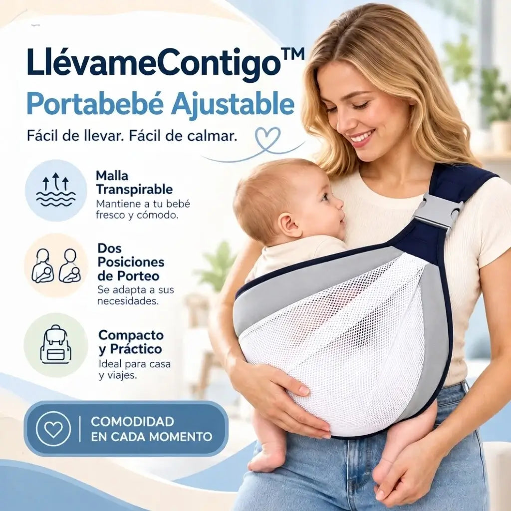 LlévameContigo™ · Portabebé Ajustable · Cárgalo con menos esfuerzo